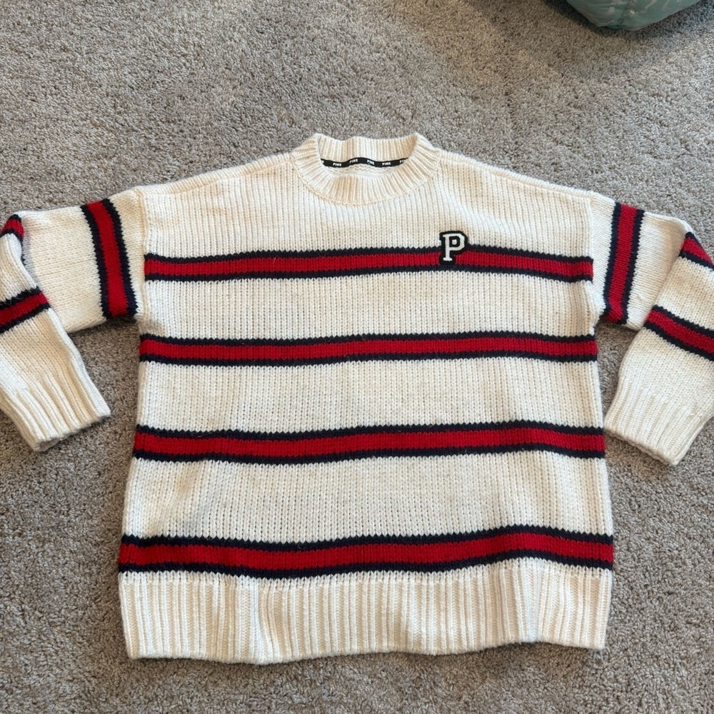 Pink Victoria’s Secret Stripe Cream Crewneck Letterman Sweater Size Large